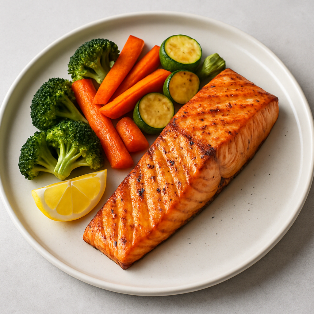 Grilled salmon fillet with roasted vegetables and lemon wedge