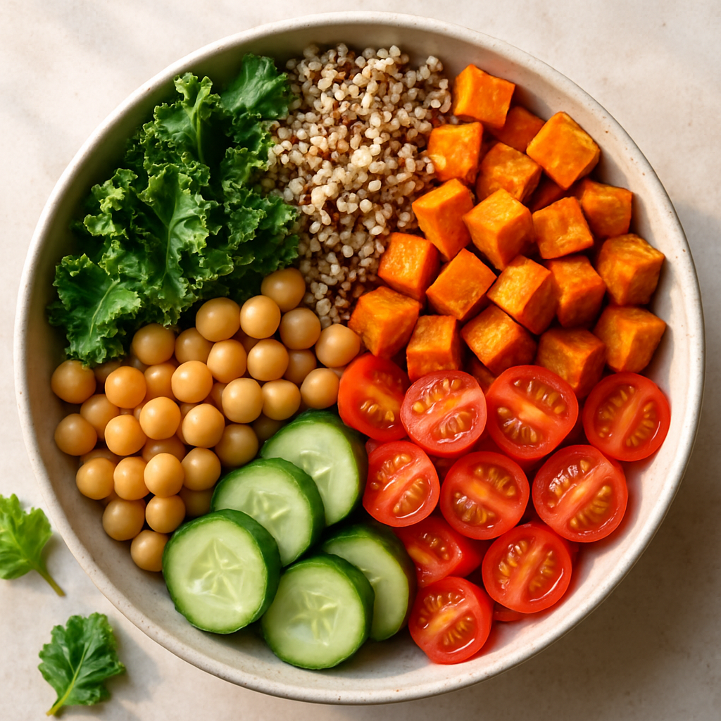 Colorful rainbow salad bowl with fresh vegetables and grains