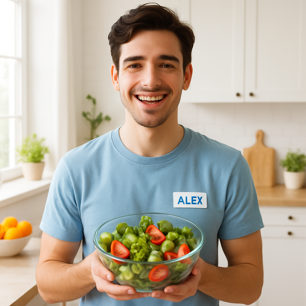Alex smiling holding a bowl of salad