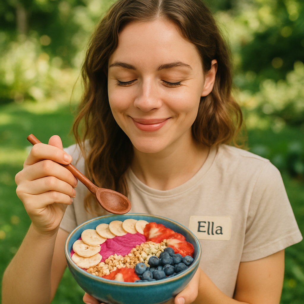 Ella enjoying a colorful smoothie bowl outdoors