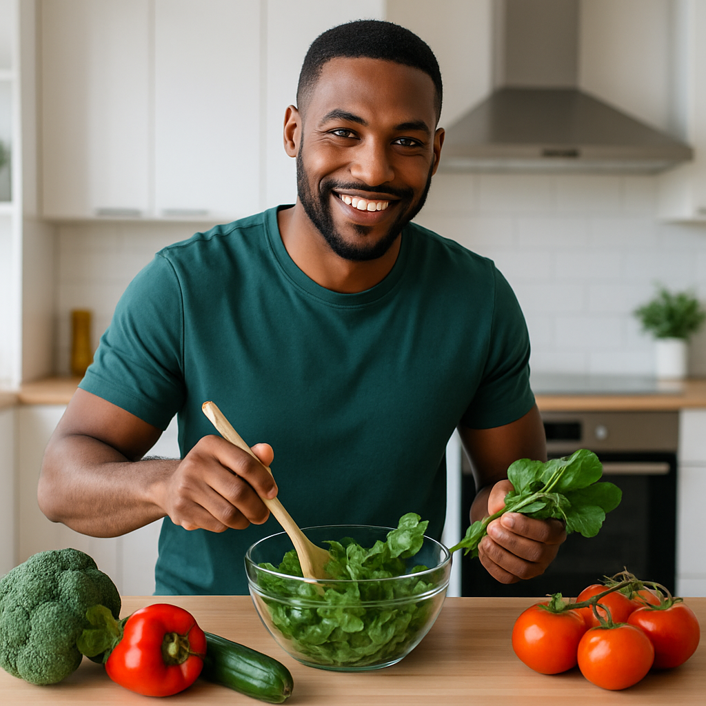 Marcus cooking with fresh greens and smiling