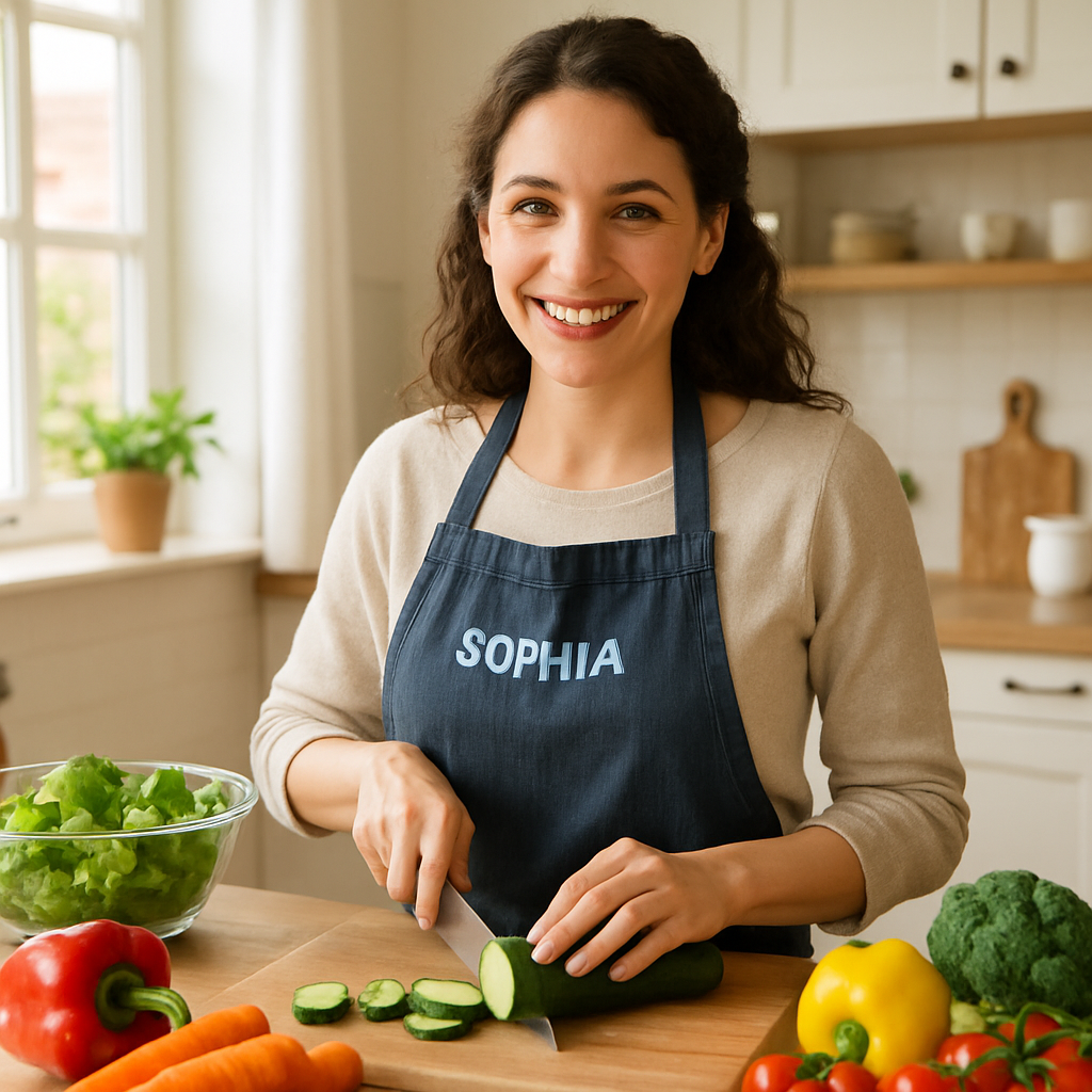 Sophia preparing vegetables in a bright kitchen