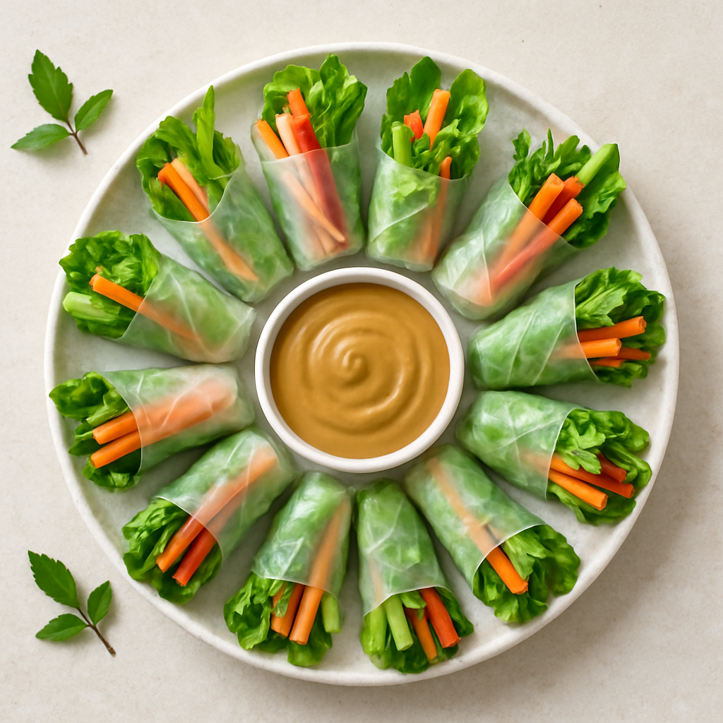 Fresh veggie spring rolls with dipping sauce and herbs