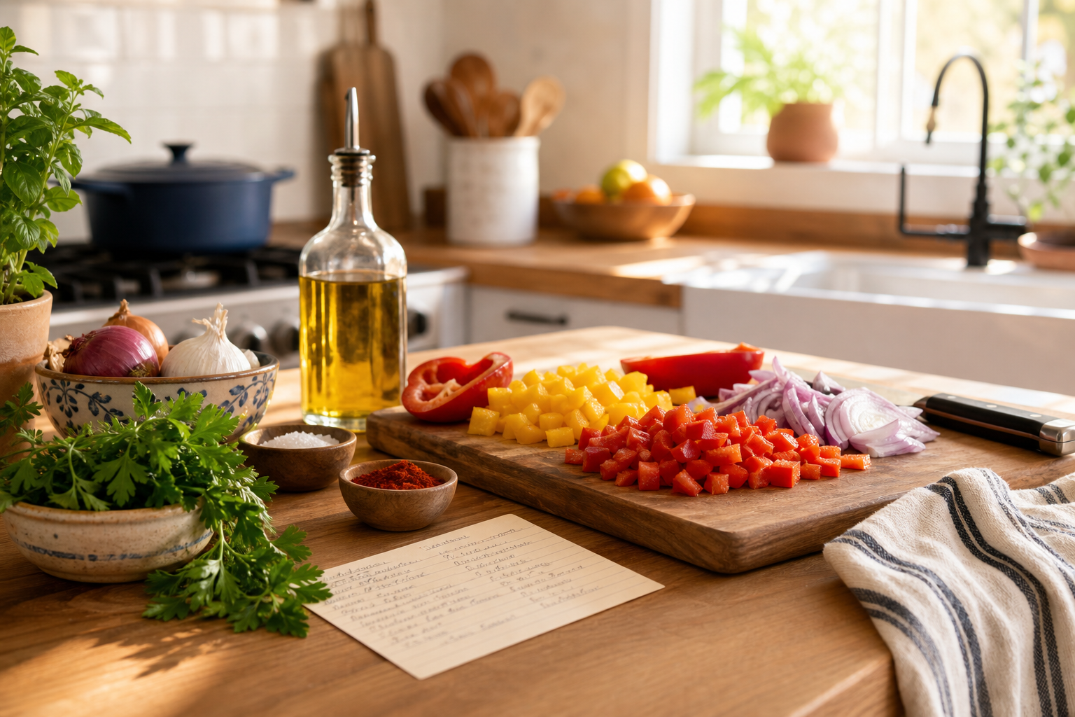 Sunlit home kitchen counter with fresh herbs, spices, and a handwritten recipe card beside chopped vegetables