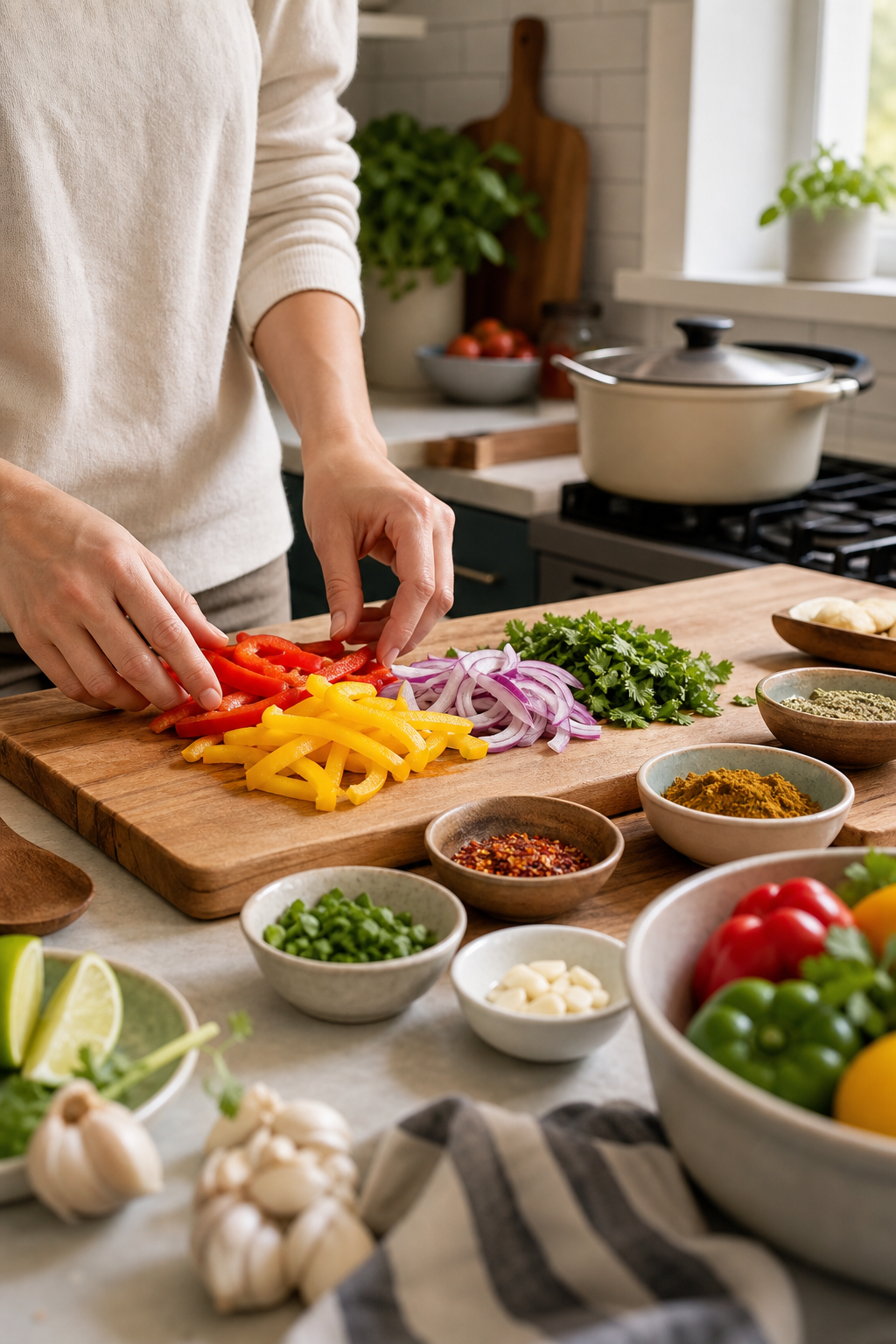 Warm home kitchen prep scene with chopped vegetables, spices, and hands arranging ingredients on a wooden counter