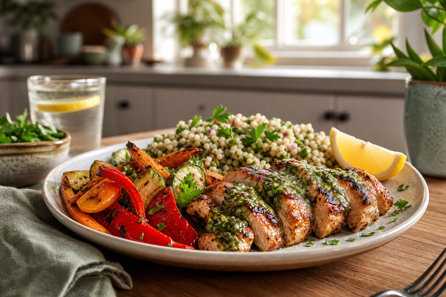 Vibrant globally inspired home-cooked meal on a kitchen table, with colorful vegetables, grains, and herbs in a warm everyday American home setting