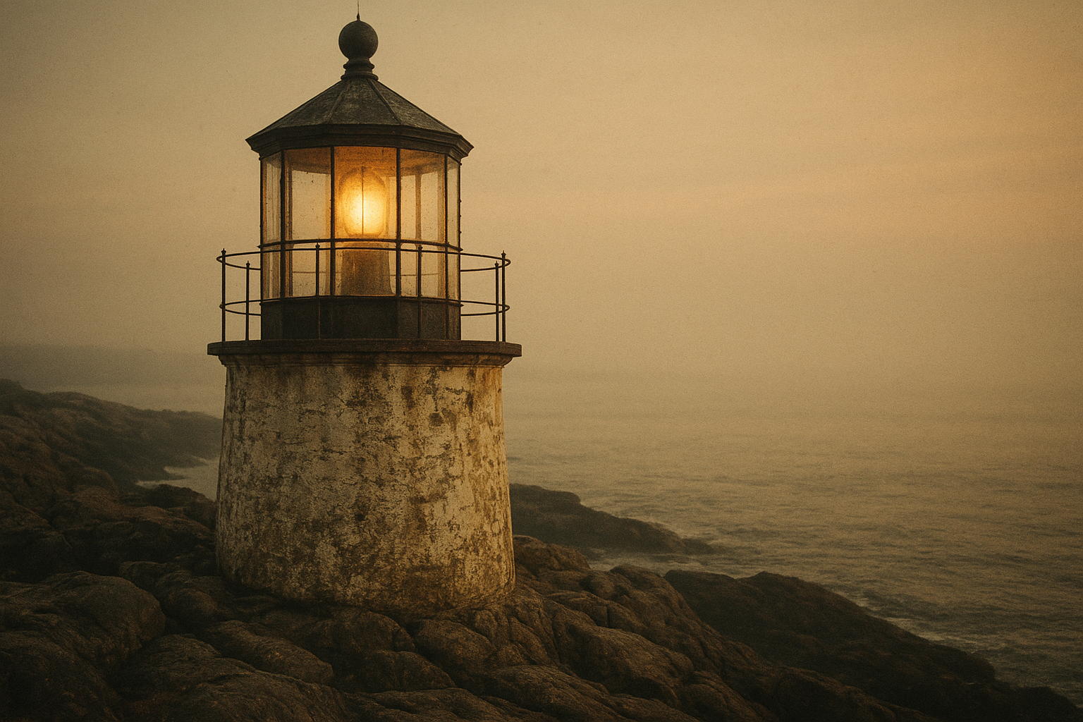 Archival-style photograph of a weathered lighthouse lantern room above a rocky northern shoreline in soft evening haze
