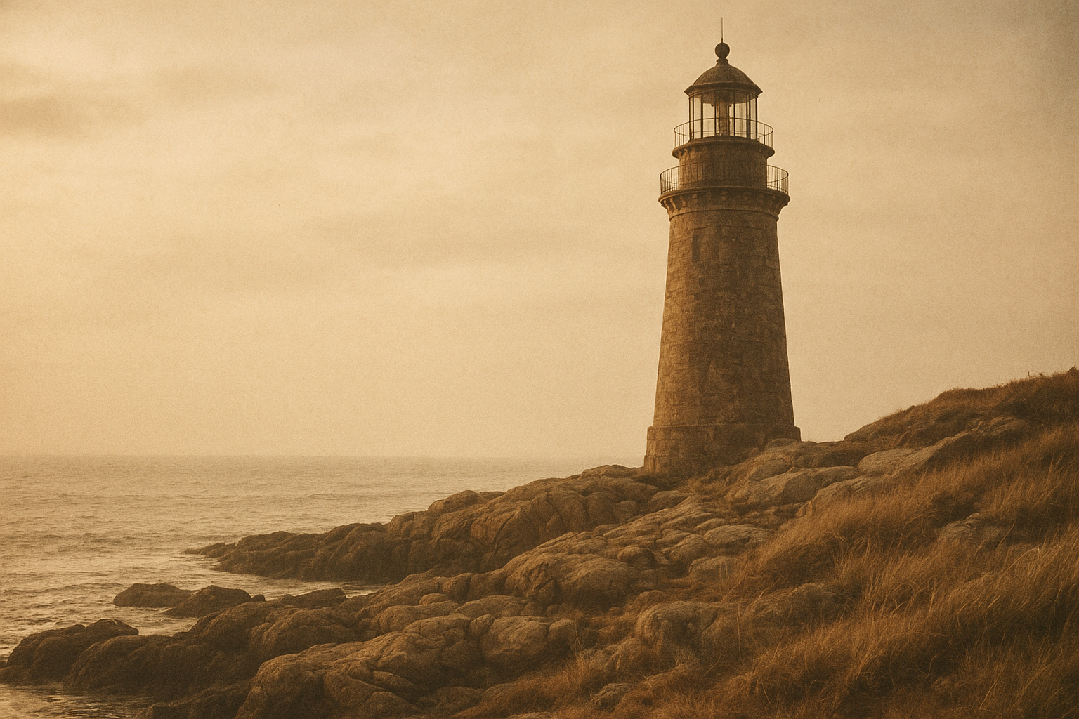 Weathered stone lighthouse on the northern coast in warm overcast golden-hour light, with sea haze, textured shoreline rock, and a cinematic archival documentary mood