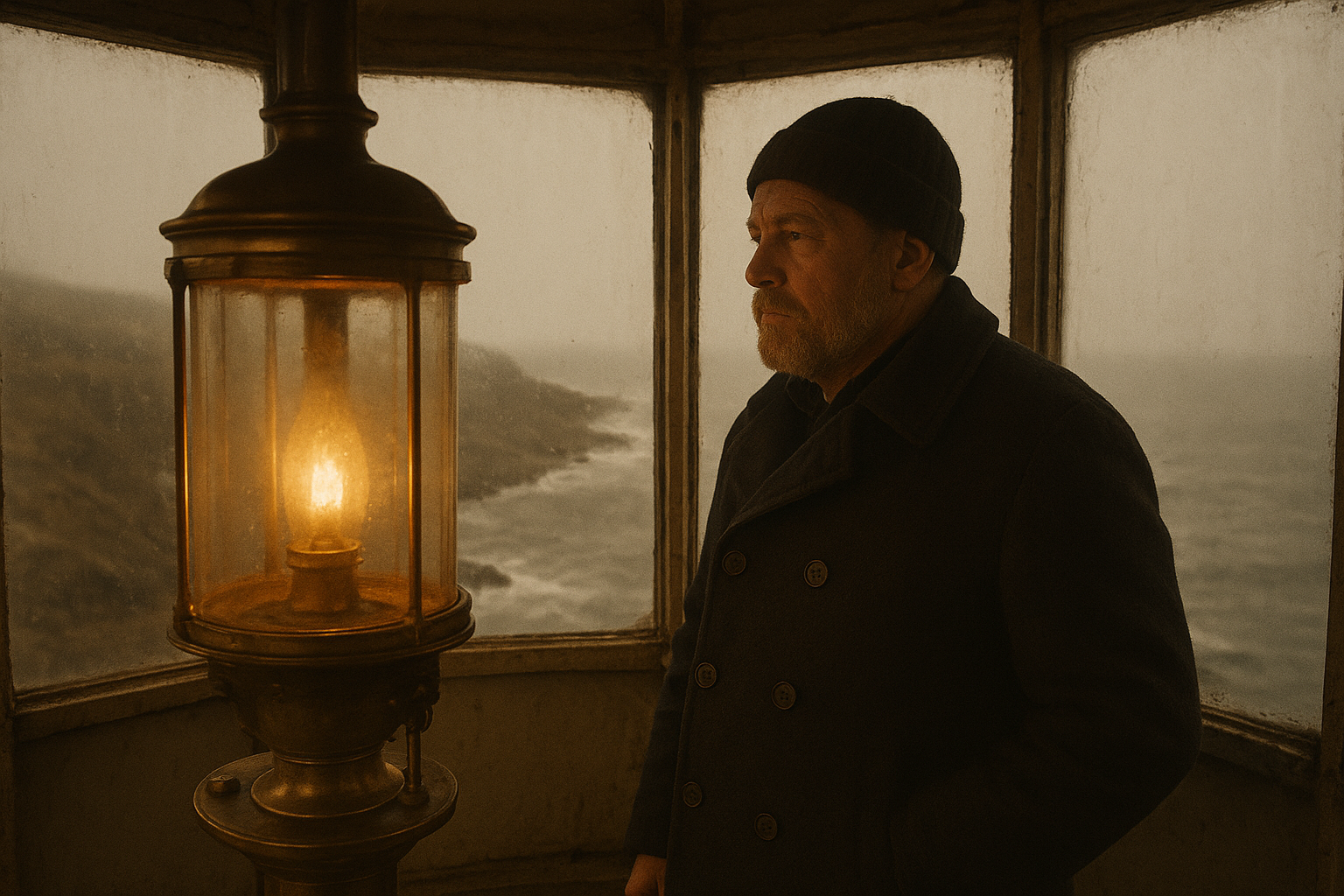 Documentary-style scene of a lighthouse keeper standing in a lantern room overlooking a rugged northern coast