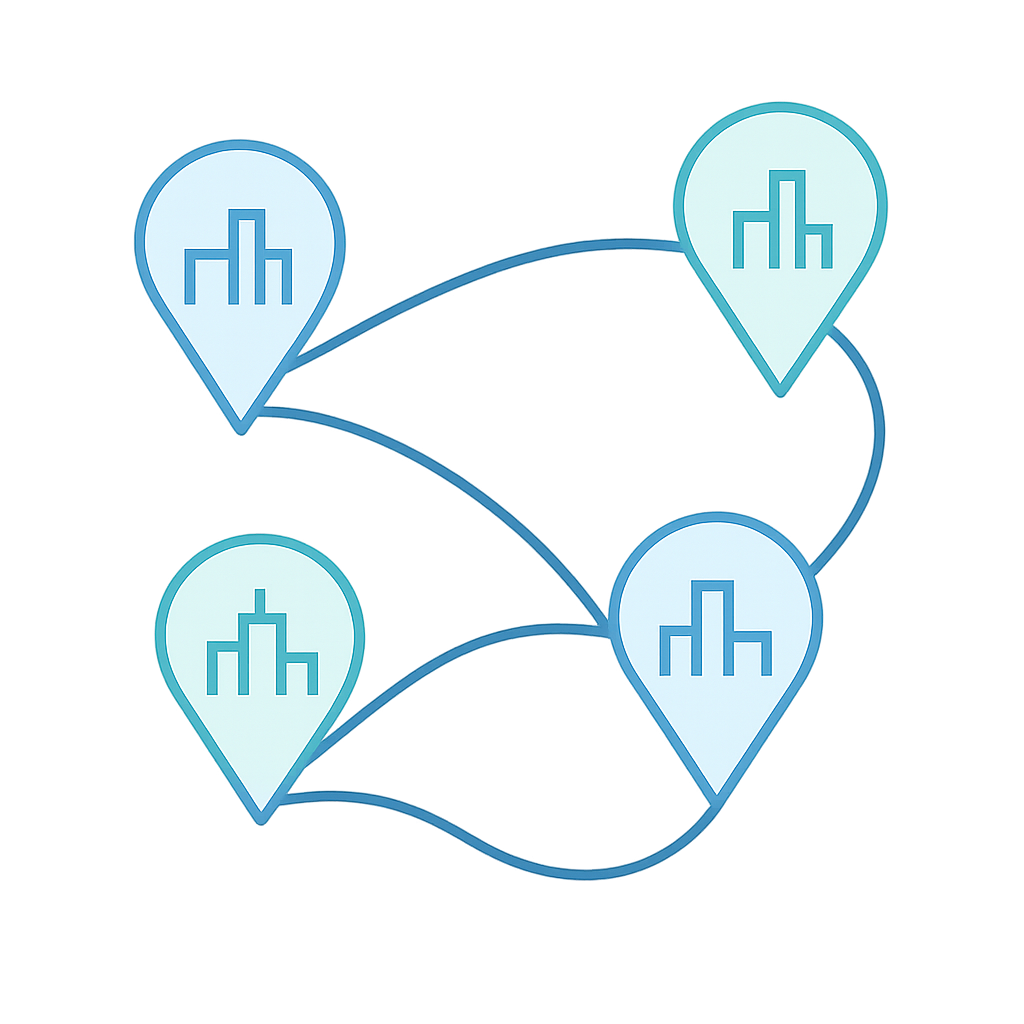 Minimal illustration of connected city nodes linked by curved route paths and location markers
