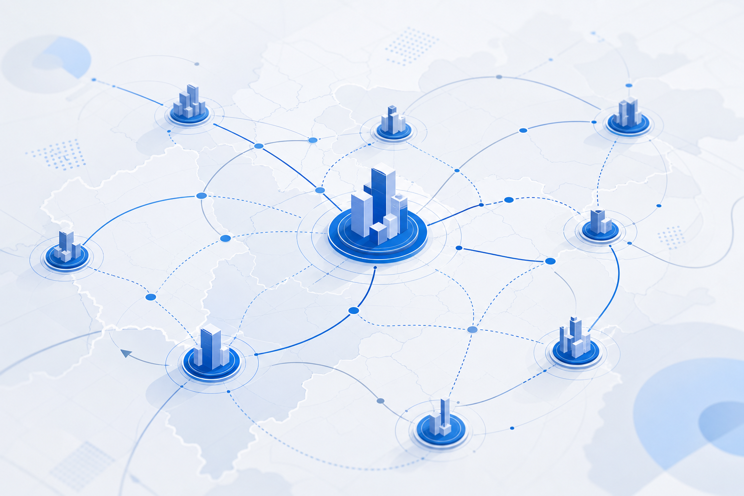 Abstract network illustration with linked city nodes and route lines showing coordinated multi-city marketing coverage