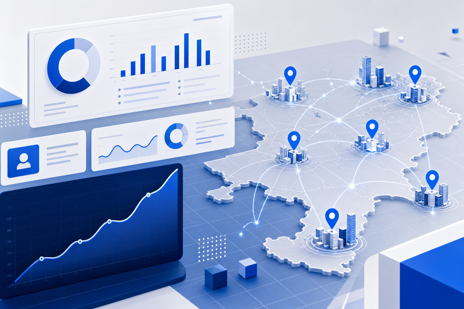 Abstract multi-city marketing growth dashboard with layered analytics panels, route lines, and rising chart curves in a polished blue corporate style