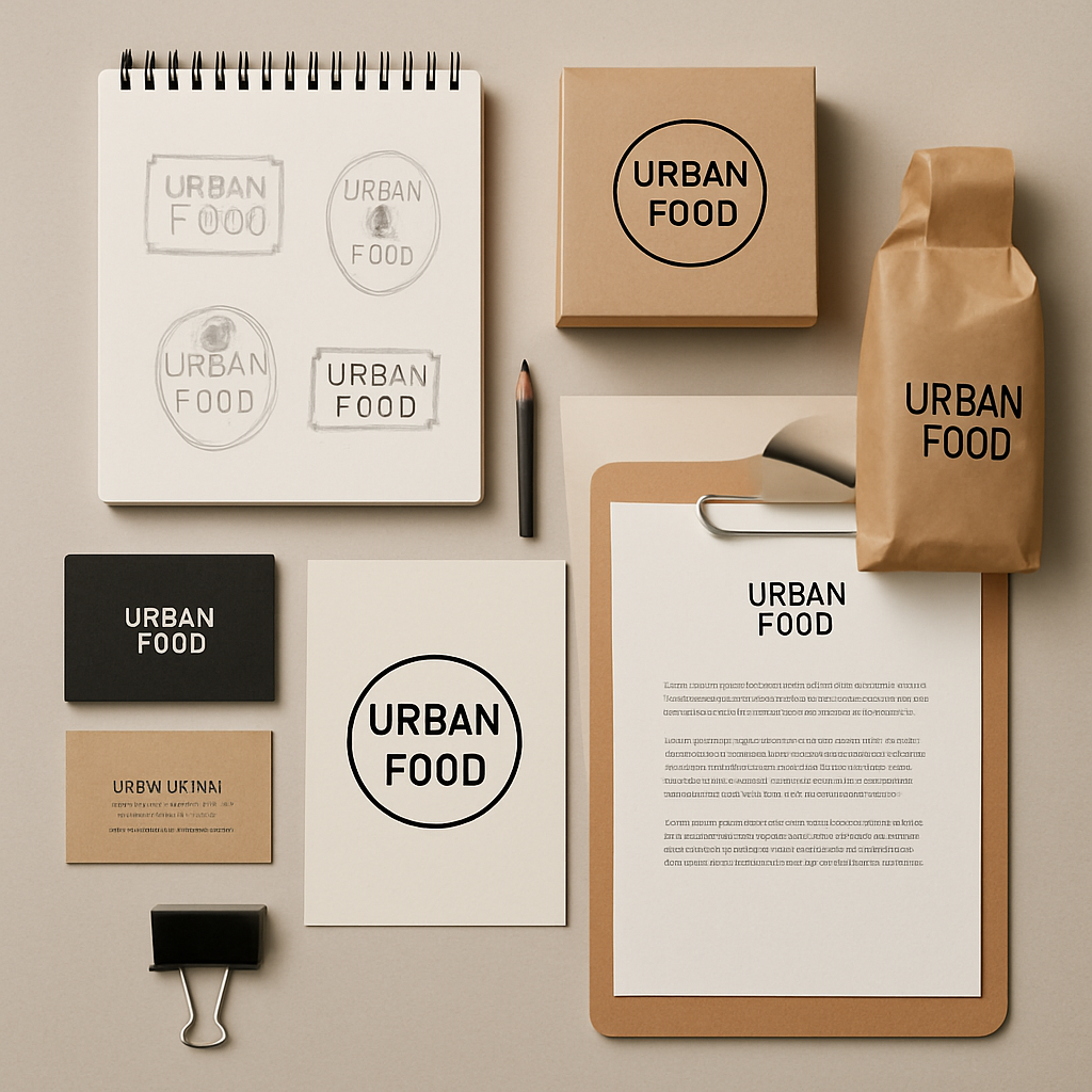 Mesa creativa con bocetos de marca y empaques para conceptos gastronómicos urbanos