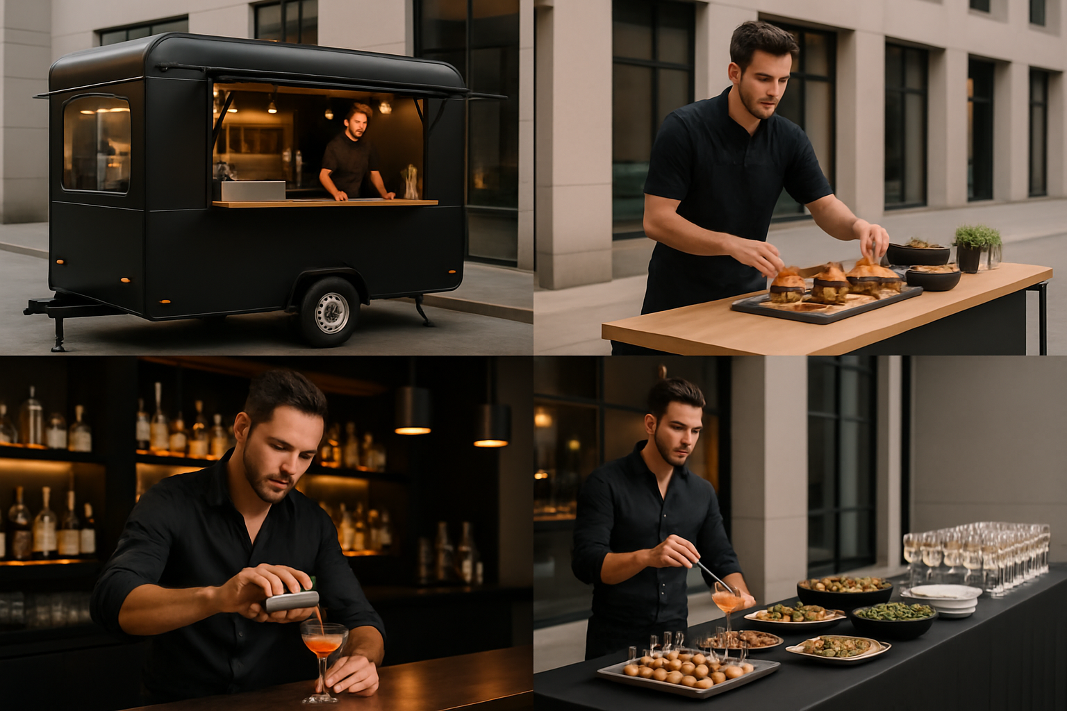 Conceptos gastronómicos premium: food trucks modernos, comida callejera sofisticada, bares trendy y catering corporativo