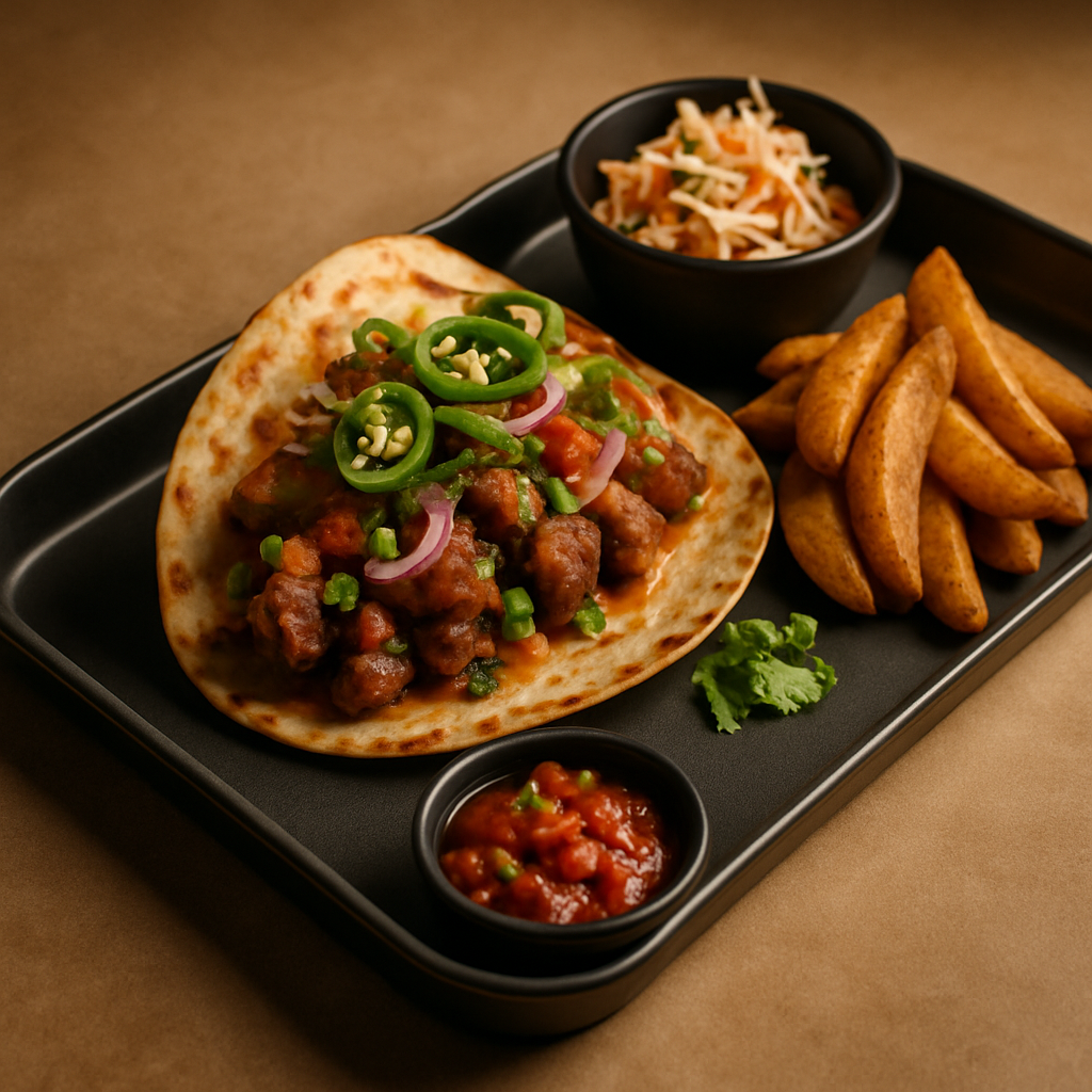 Comida callejera premium servida en presentación moderna con detalles artesanales