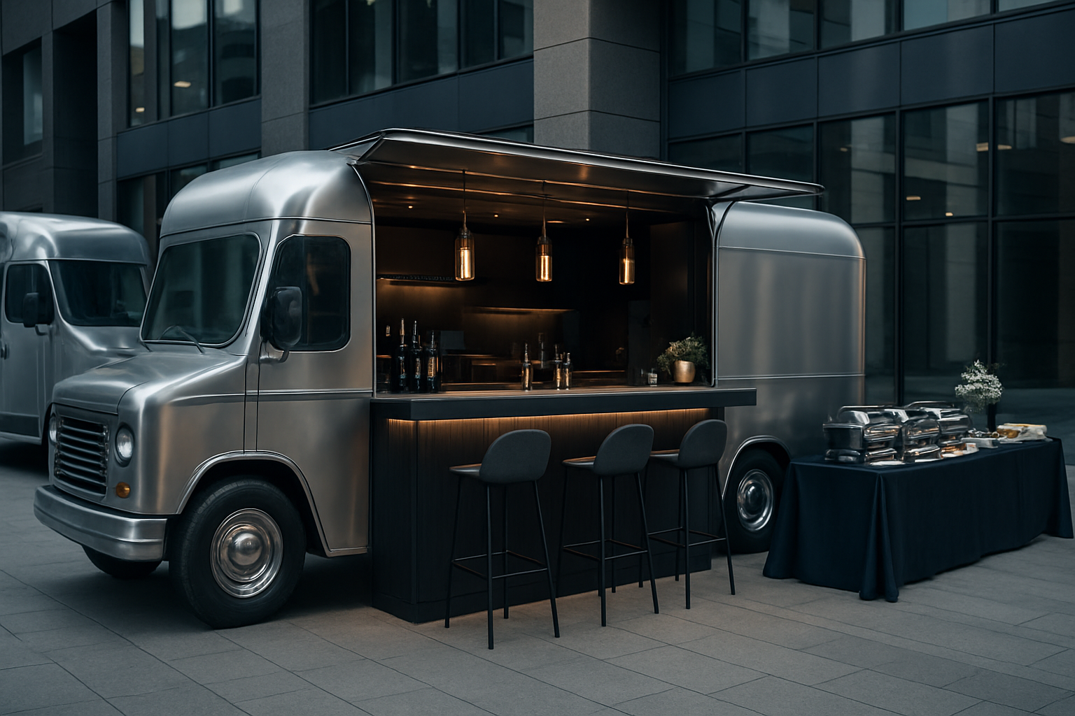 Conceptos de comida callejera premium con food trucks modernos, bares de moda y catering ejecutivo para eventos