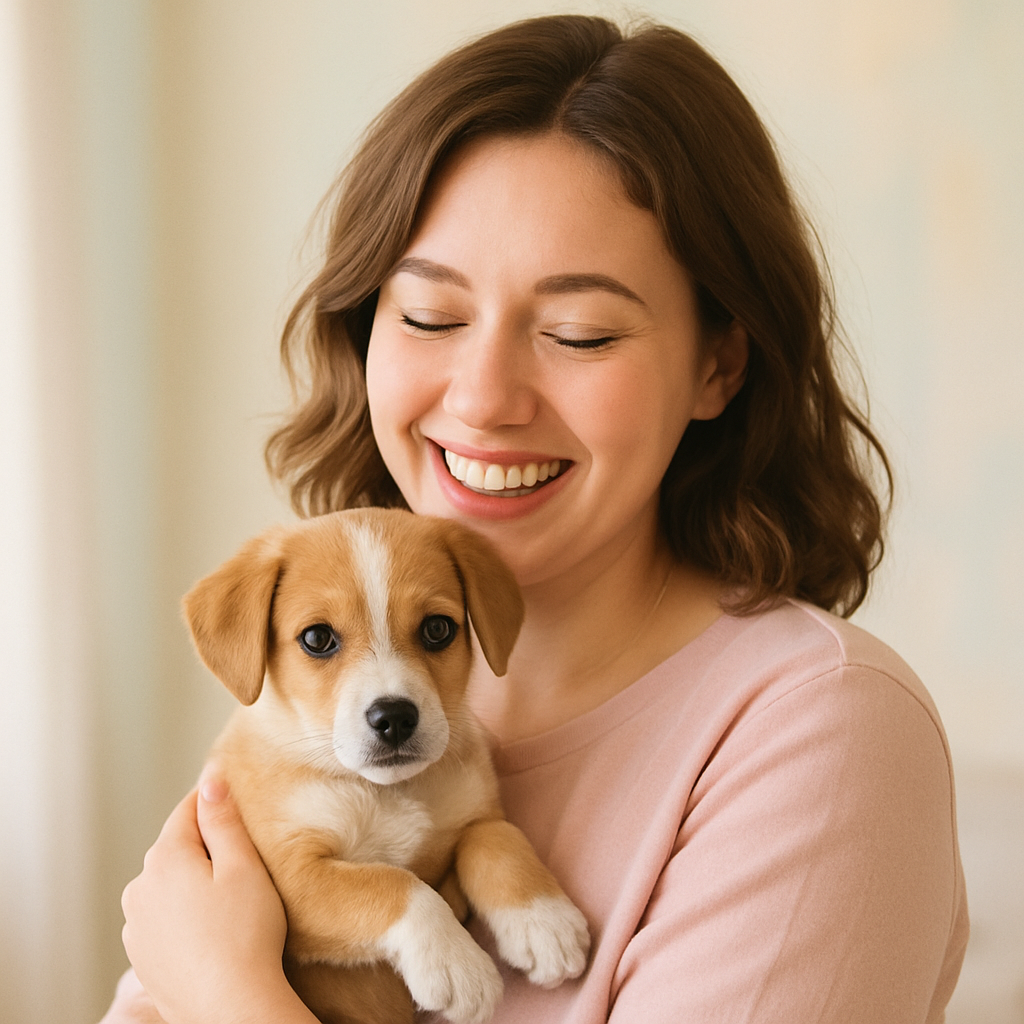 Happy pet owner Emily and her puppy