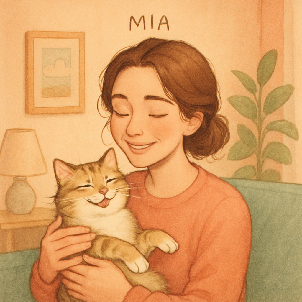 Cat owner Mia with her happy kitty