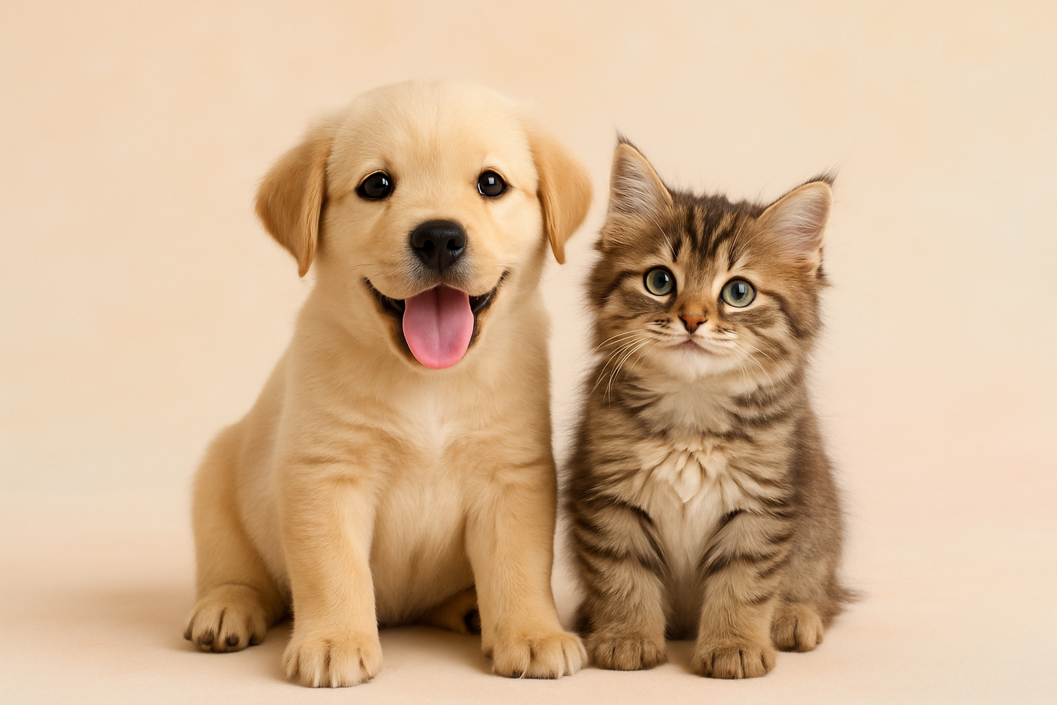 Cute dog and cat posing together on a pastel background