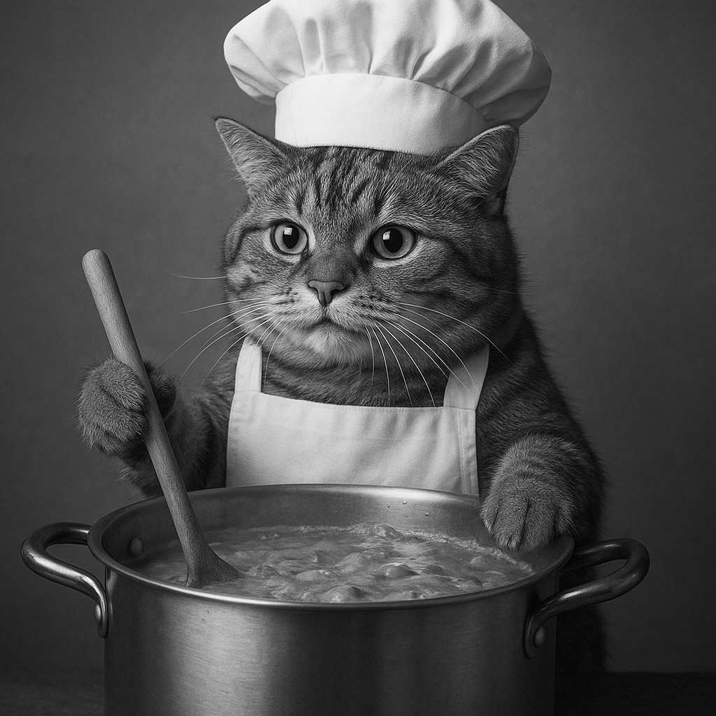 chubby calico cat wearing a chef hat and apron, stirring a giant soup pot