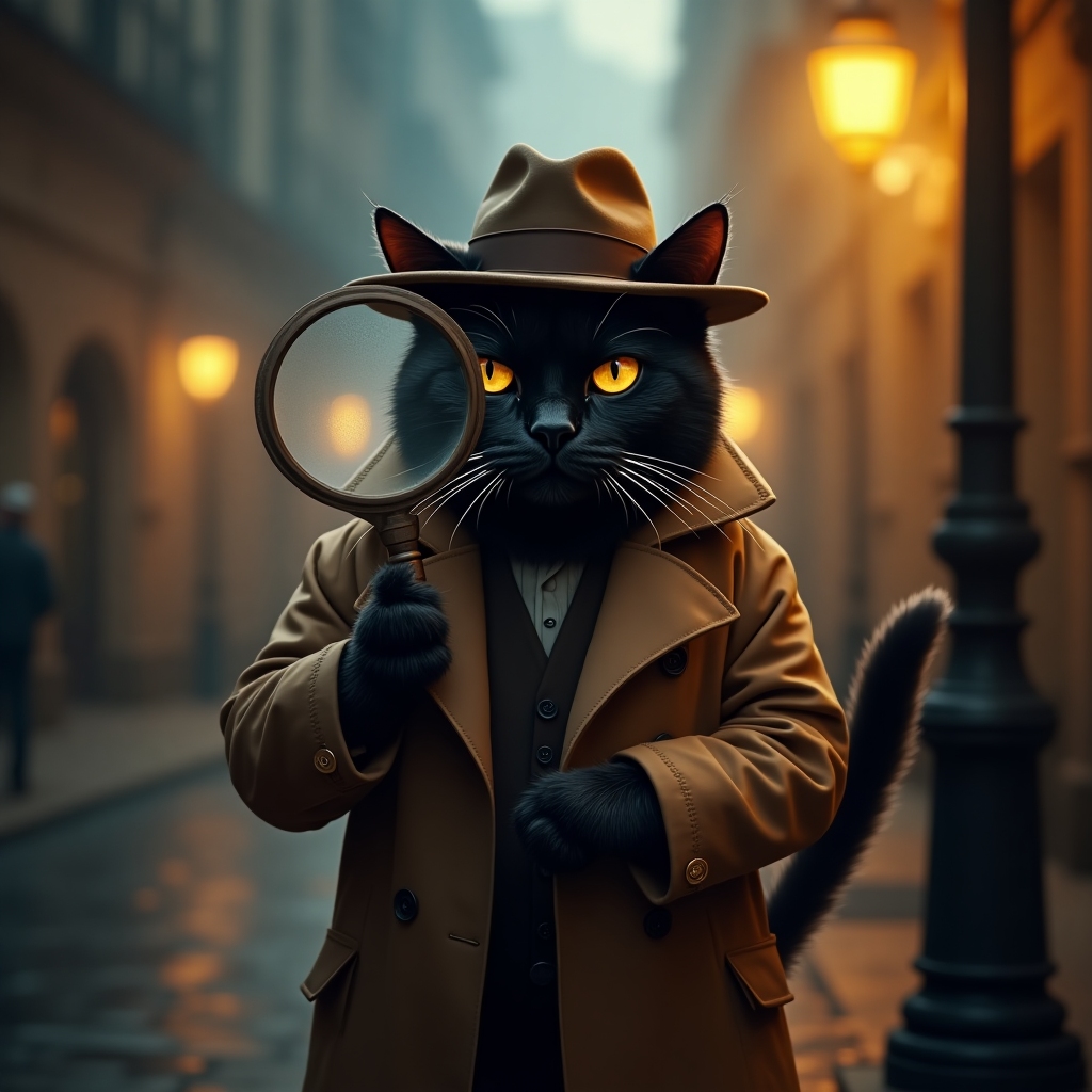 black cat in a brown trench coat and fedora, holding a magnifying glass under a streetlamp