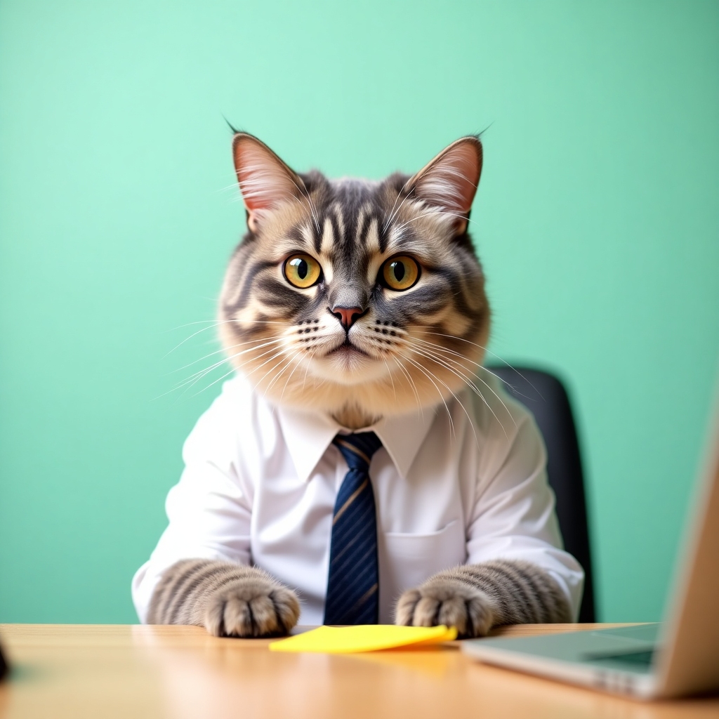 Gray British shorthair cat in a tiny white shirt and striped tie, seated at a mini desk with a sticky note on a soft mint backdrop