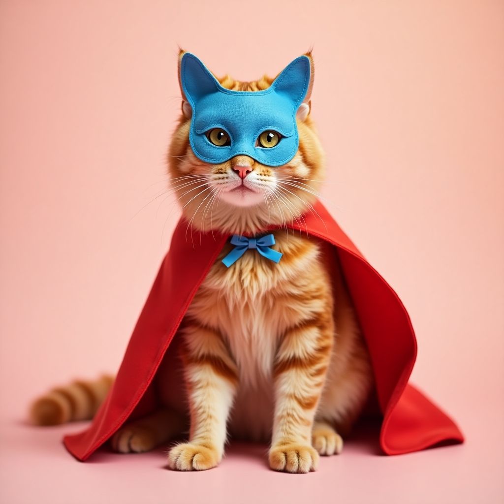 Fluffy orange tabby wearing a blue superhero mask and red cape, sitting proudly on a pastel gradient background
