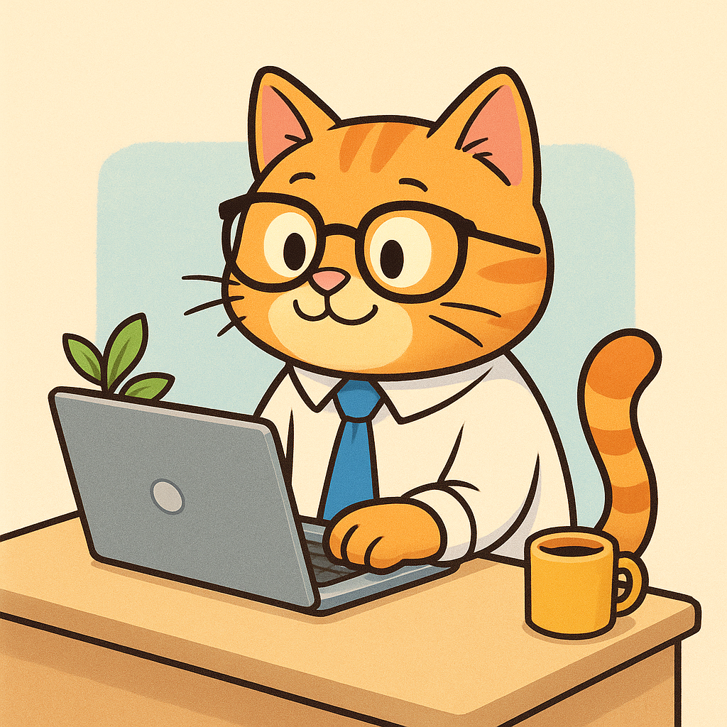 short-haired gray cat wearing glasses and a tiny tie, sitting at a laptop with sticky notes