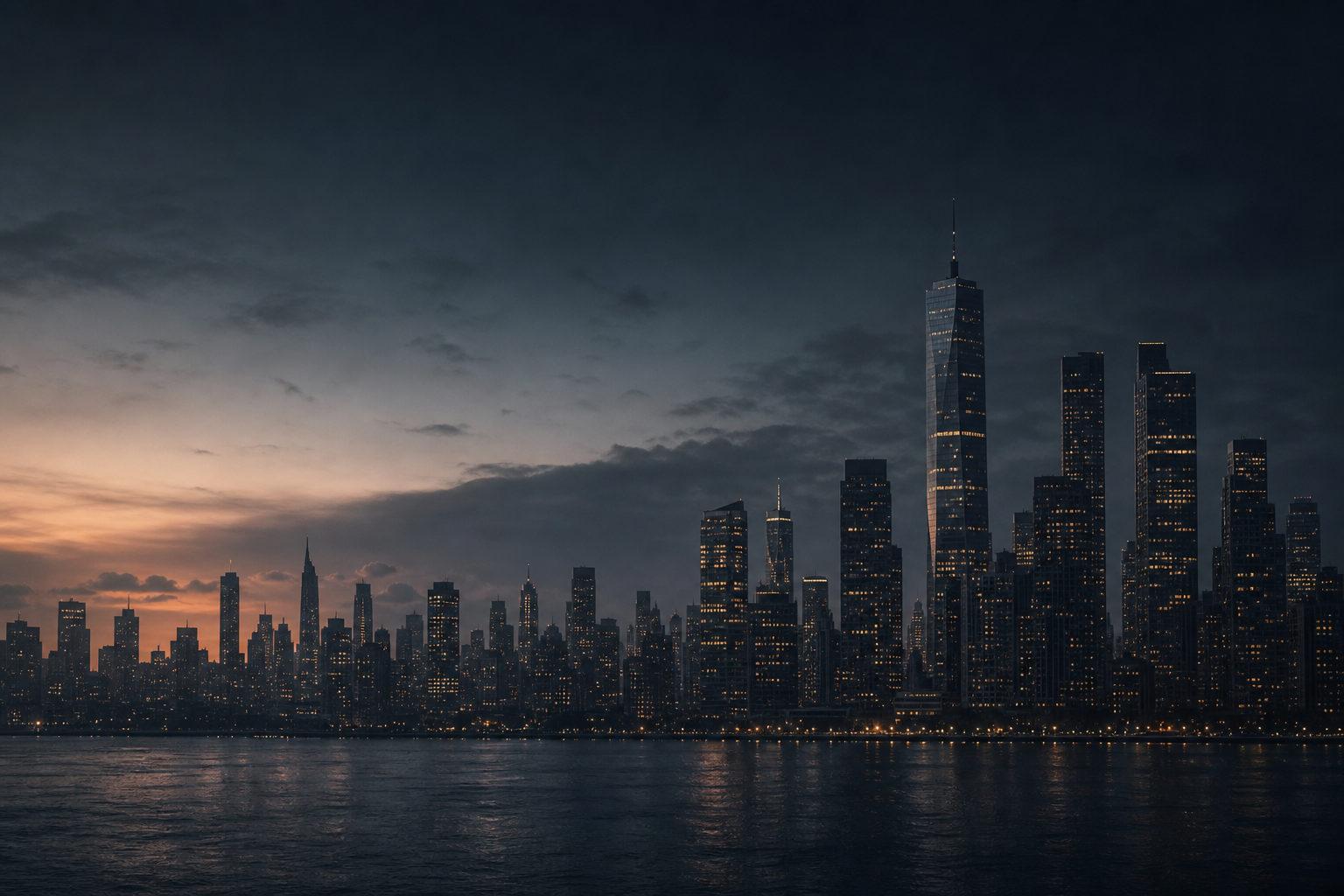 Cinematic city skyline at dusk with glowing windows and a deep monochrome night atmosphere