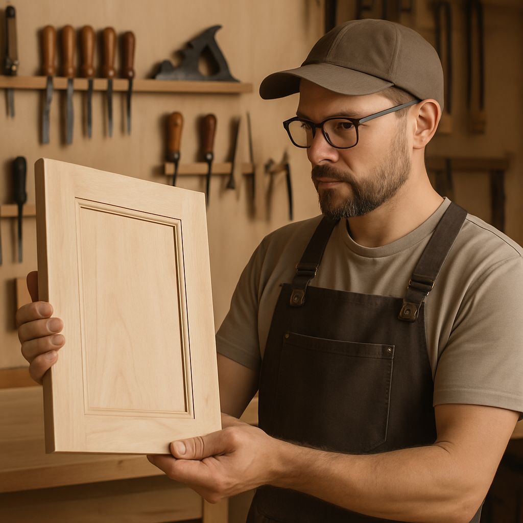 Skilled woodworker inspecting a maple cabinet door in a modern workshop with tools and warm wood tones
