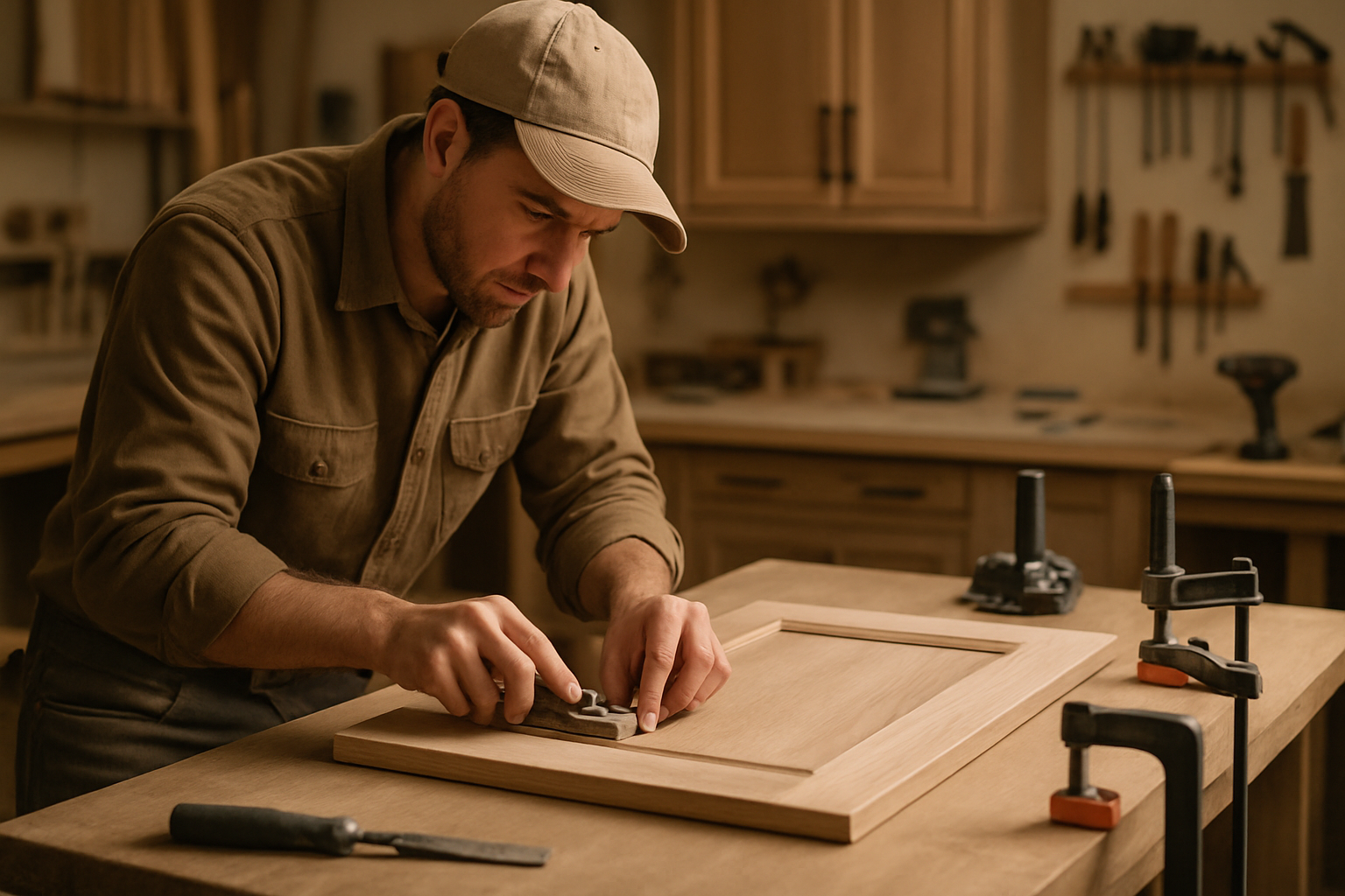 Skilled craftsman working on custom wood cabinetry in a refined workshop with warm neutral tones