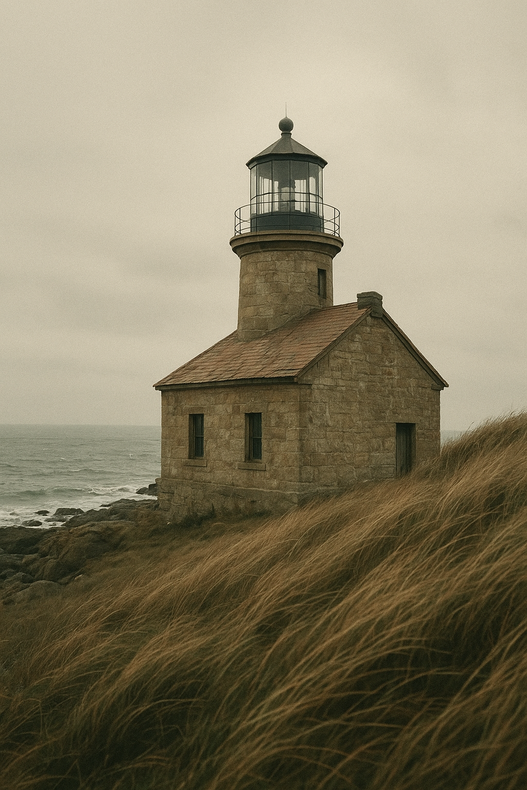Weathered stone lighthouse outbuilding and lantern rail above a windswept northern shoreline