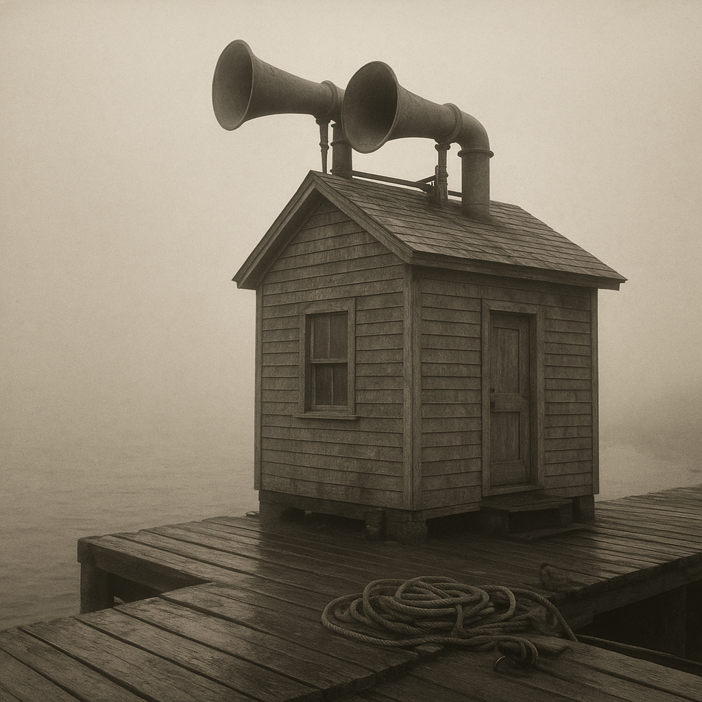 Archival image of a wooden fog-signal house with horn stacks and wet timber boardwalk in 1926