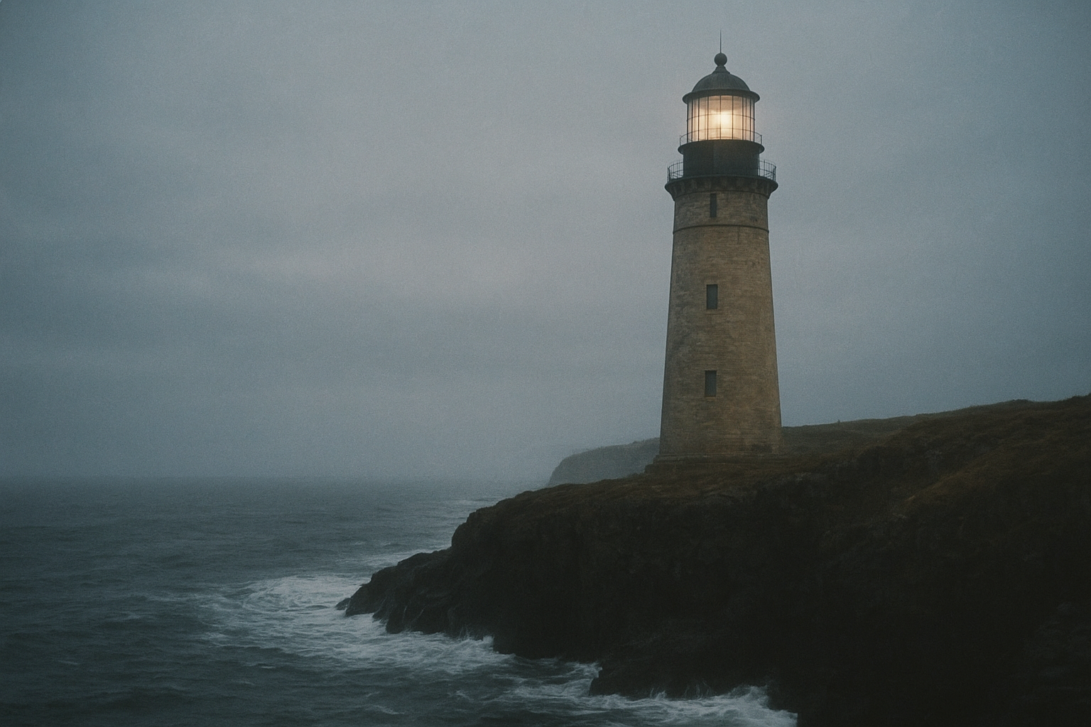 Archival-style coastal lighthouse on a rugged northern shoreline at dusk, with soft sea mist and weathered cliffs