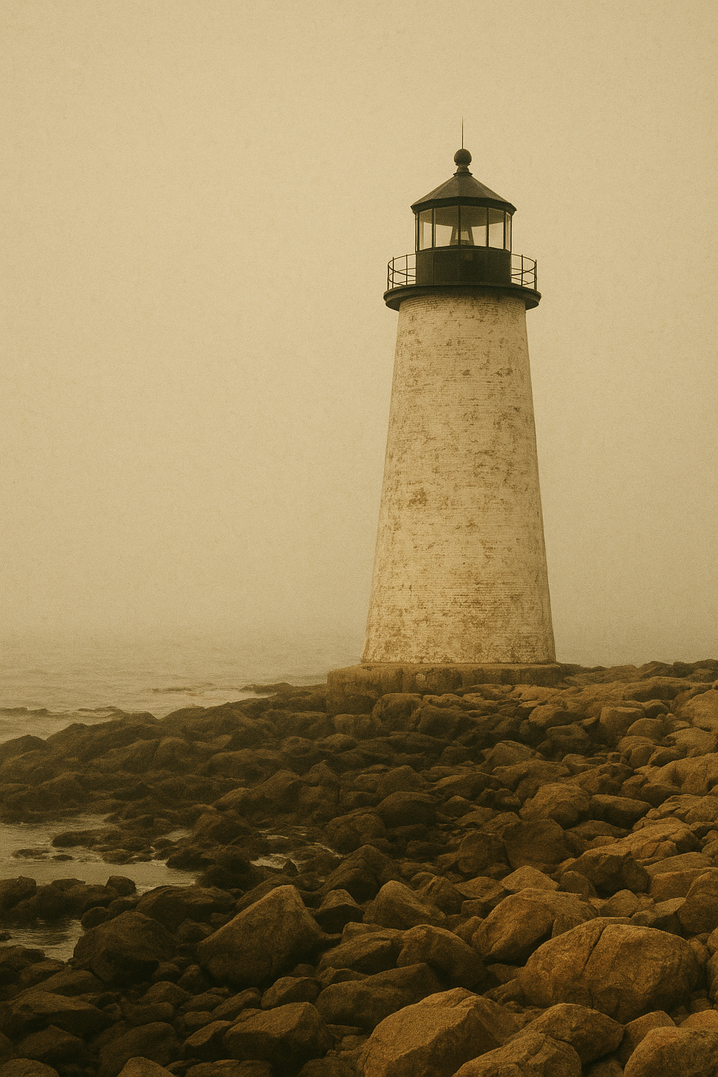 Vertically framed archival photograph of a northern coast lighthouse and shoreline