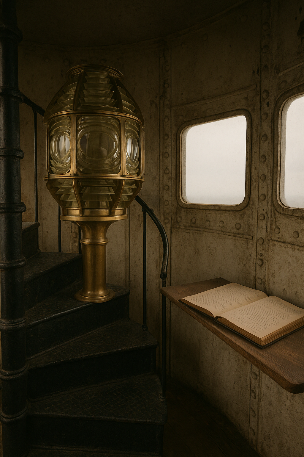 Interior lantern room with brass lens housing, worn iron stair treads, and a weathered logbook resting on a wooden shelf