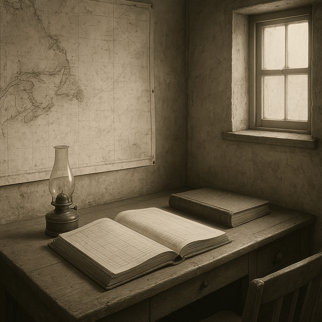Interior photograph of keeper ledger room with oil lamp, logbooks, and maritime chart pinned to timber wall
