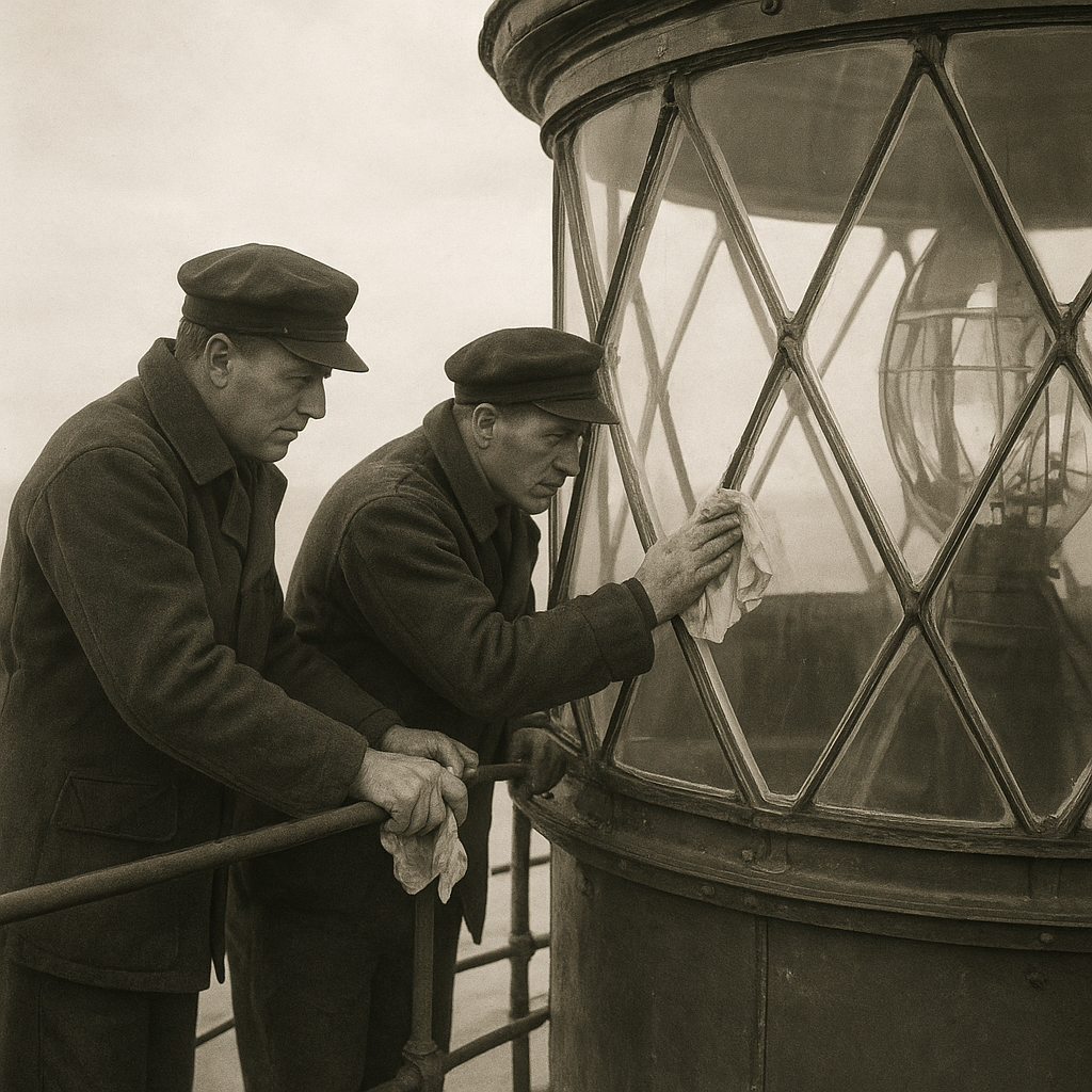 Historic photograph of two lighthouse service crew members polishing lantern prisms on an exterior platform in 1941