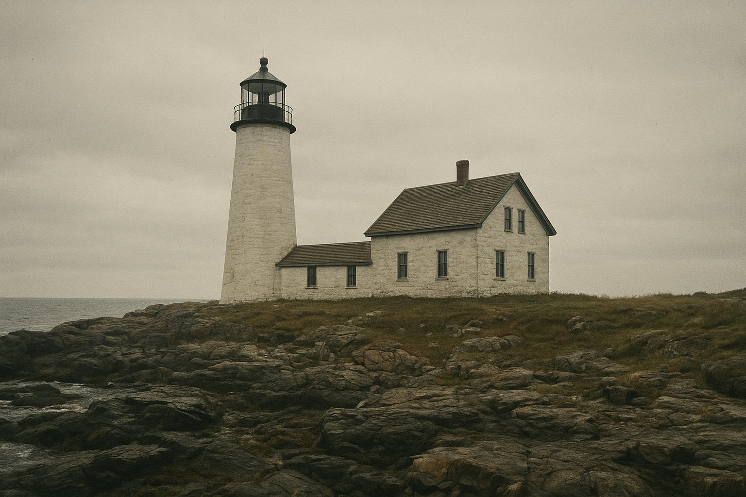 Large glass-plate photograph of Harbor Light Station in 1912 with tower, keeper cottage, and rock shoreline under overcast sky