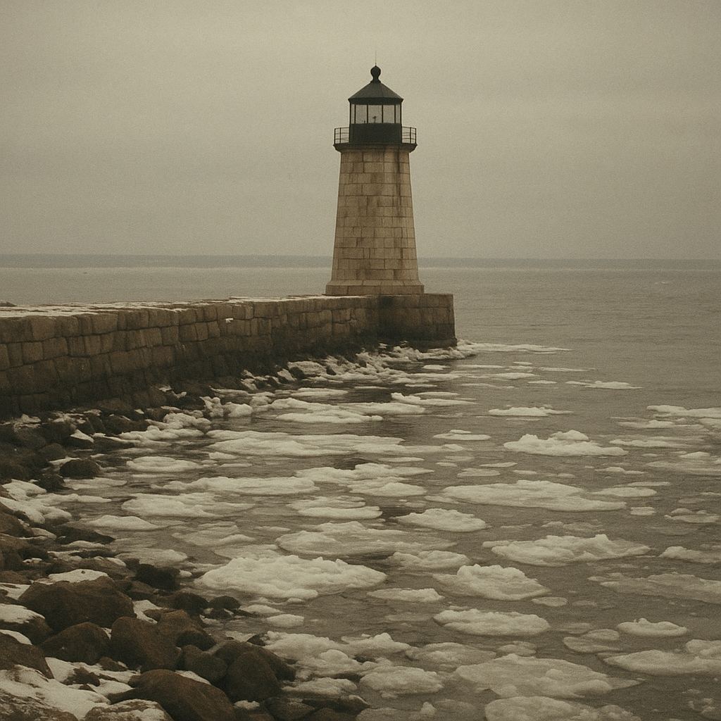 Black-and-white winter scene of breakwater lighthouse with drift ice and low tide channels