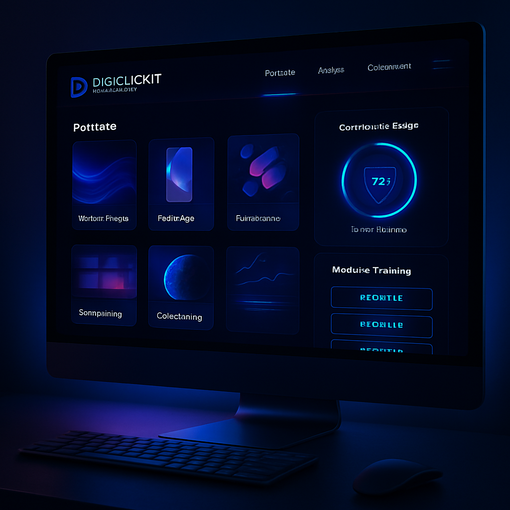 Sleek modular creator studio dashboard showing portfolio cards, training modules, and badge progress