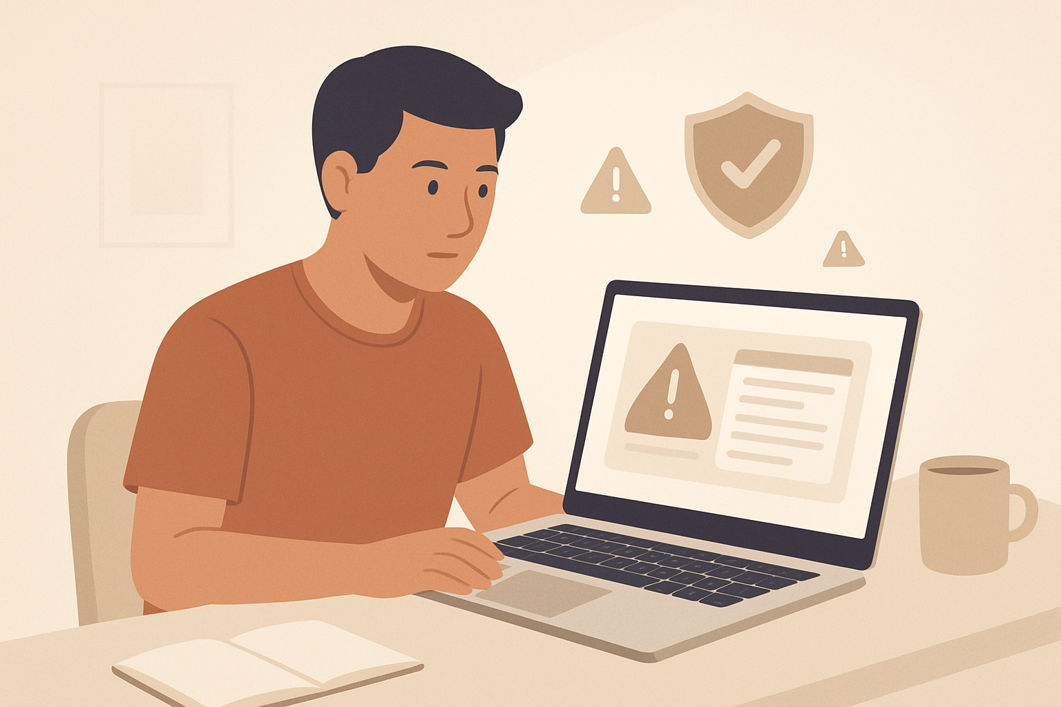 Minh họa người dùng Việt Nam kiểm tra cảnh báo an toàn số trên màn hình, các biểu tượng khiên bảo vệ và dấu chấm cảnh báo