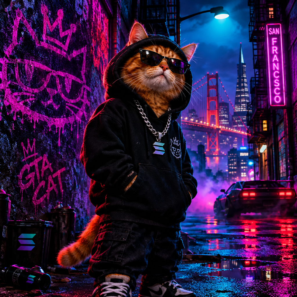 Streetwise orange tabby cat in a neon San Fierro alley wearing a black hoodie and chain, meme-coin chaos energy