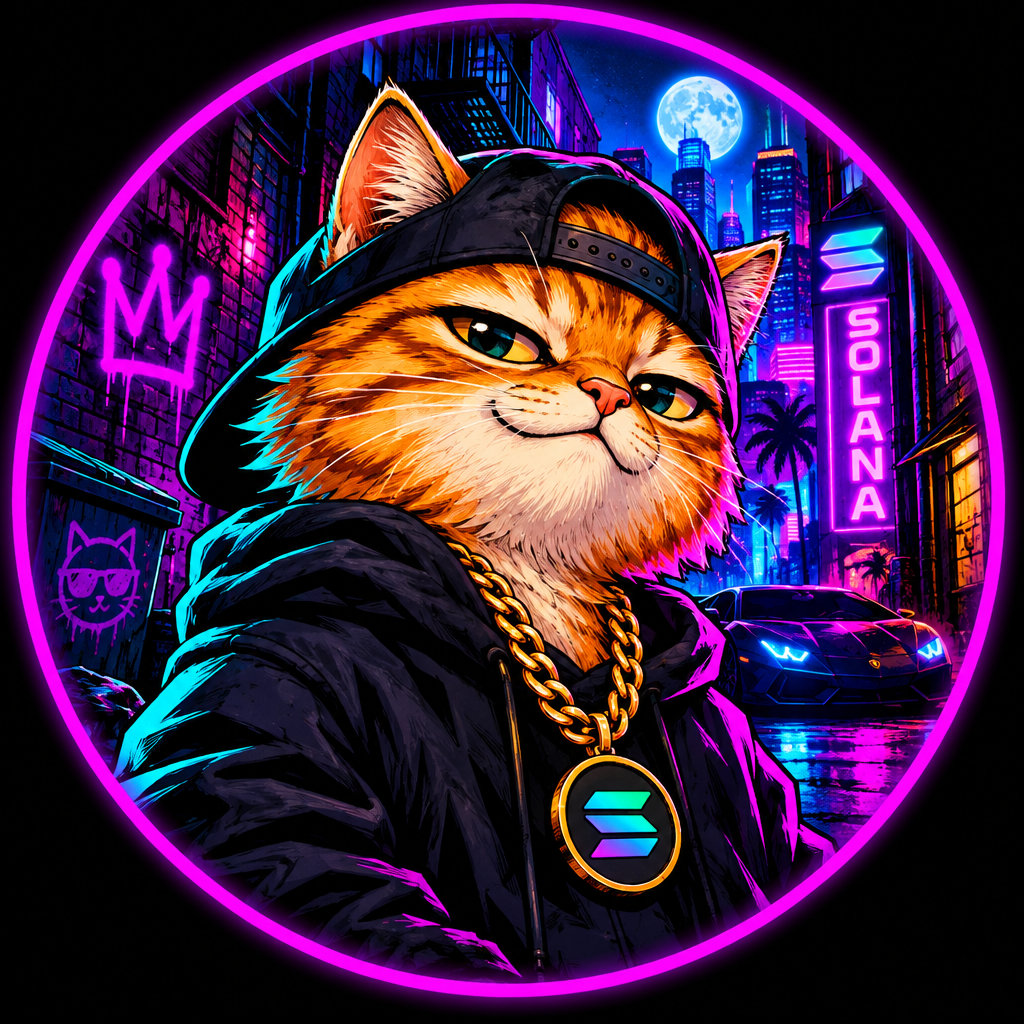 Avatar-style chaotic orange street cat in a neon urban night scene with meme coin attitude