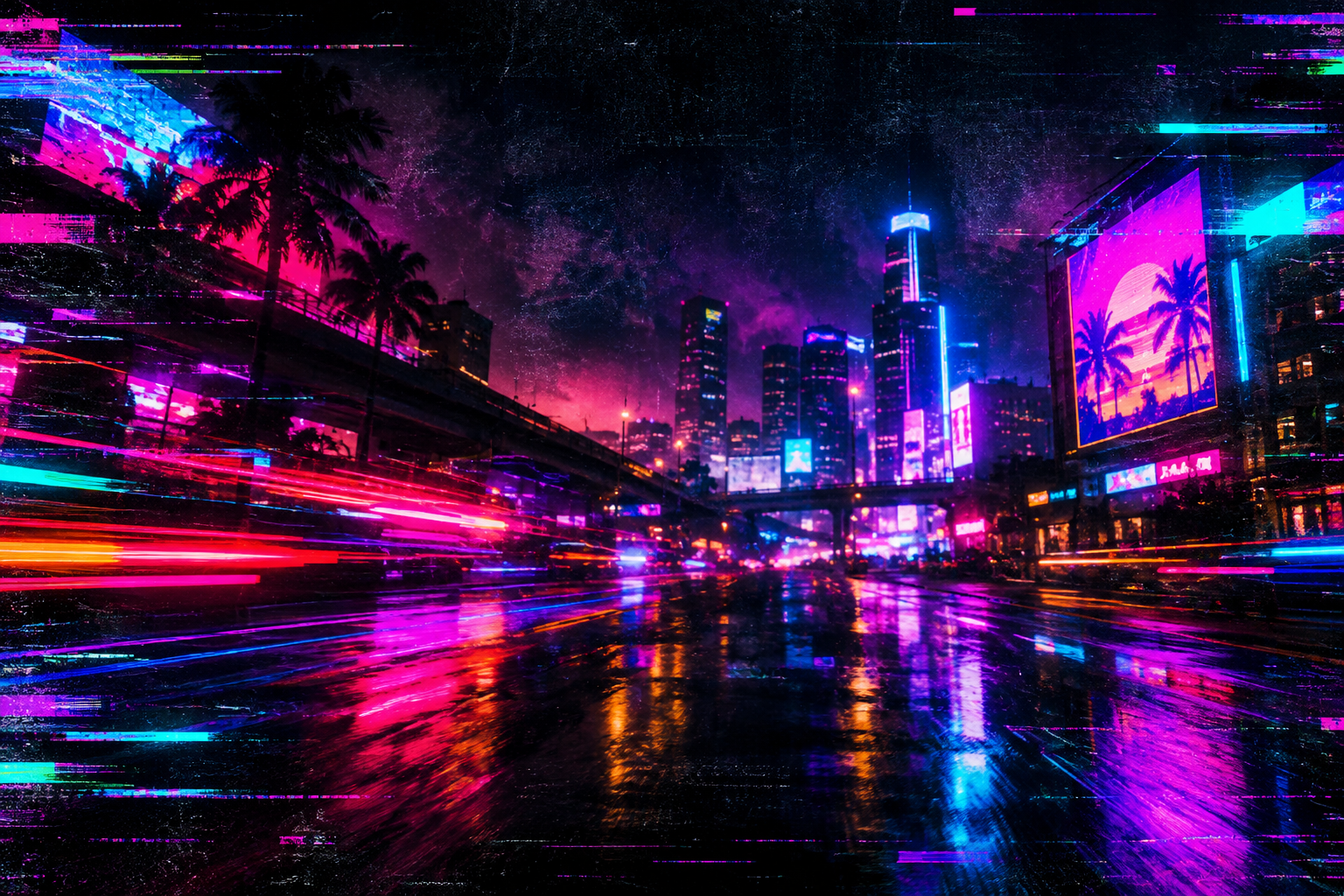 Moody abstract crypto street banner with neon glow, grain texture, glitch streaks, and dark urban atmosphere