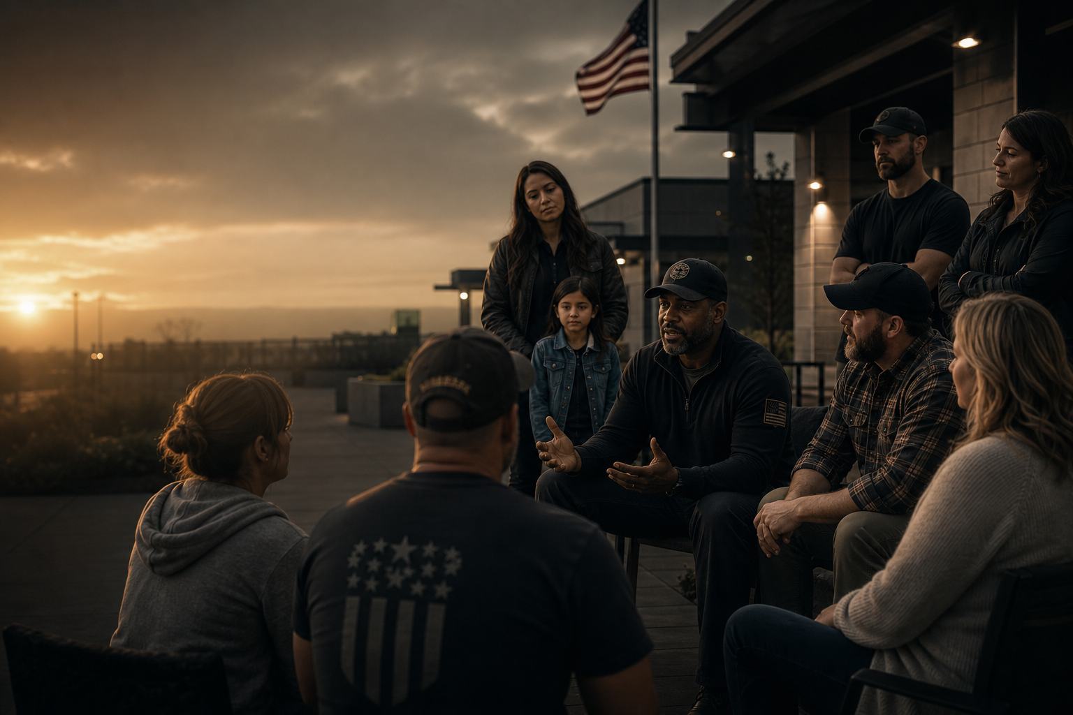 Respectful veteran support environment with service members and families gathered in solidarity, guided conversation, and calm leadership