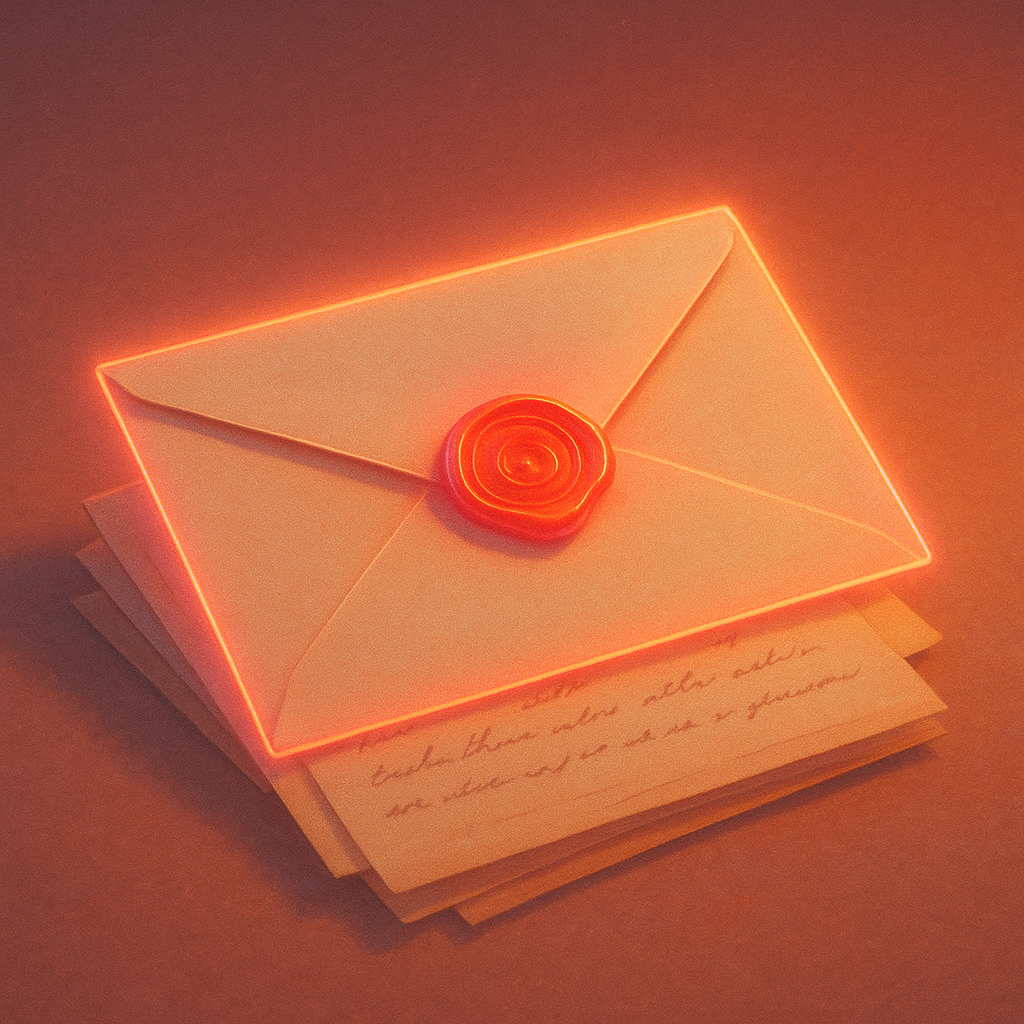 retro-futuristic envelope with a glowing wax seal resting on a stack of handwritten notes