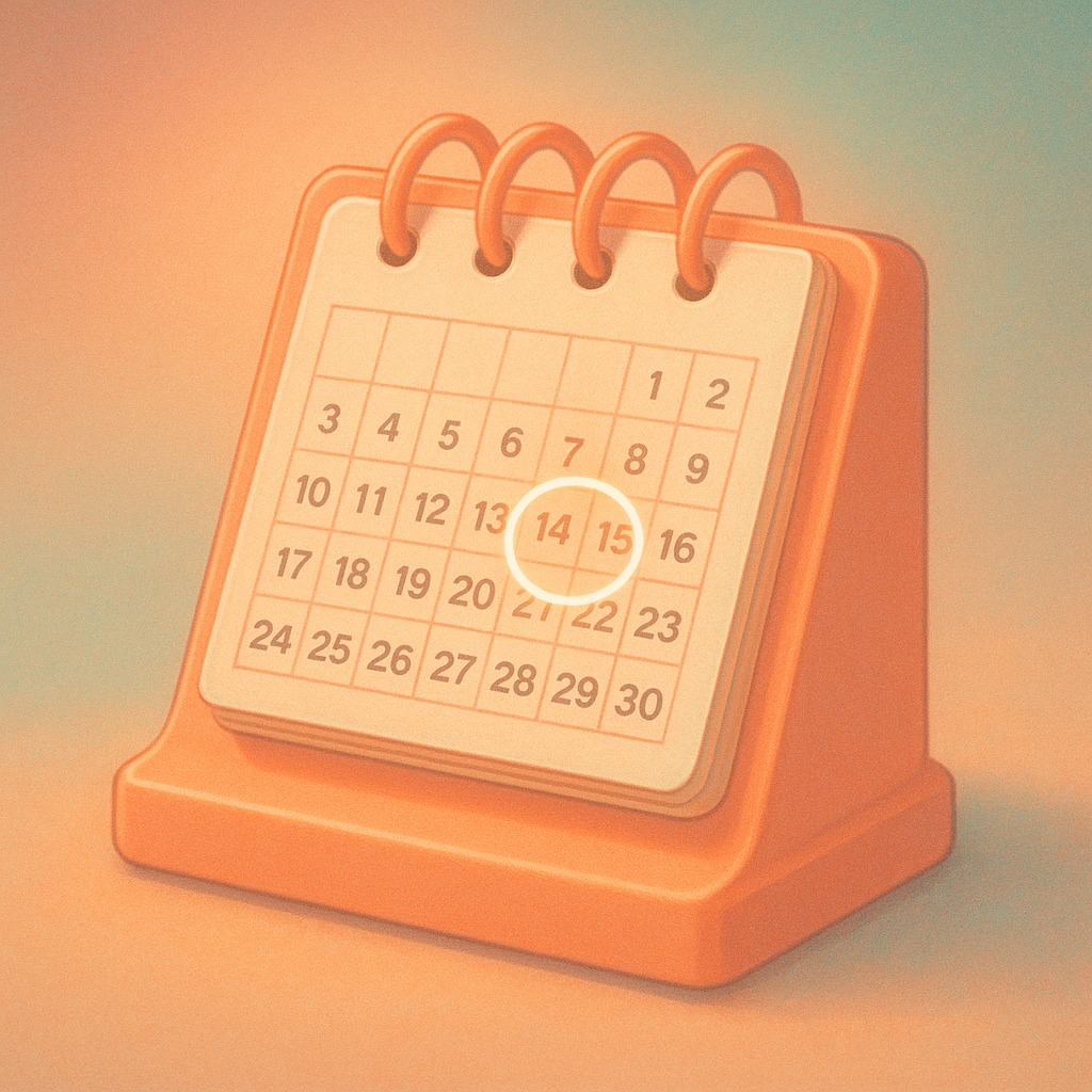 A peach-colored retro desk calendar with flipped pages and a glowing date circle