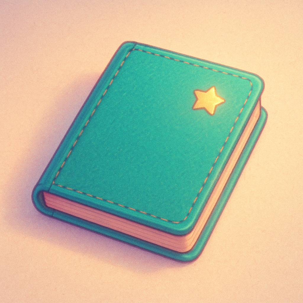 A teal retro journal with a stitched spine and a tiny star sticker on the cover