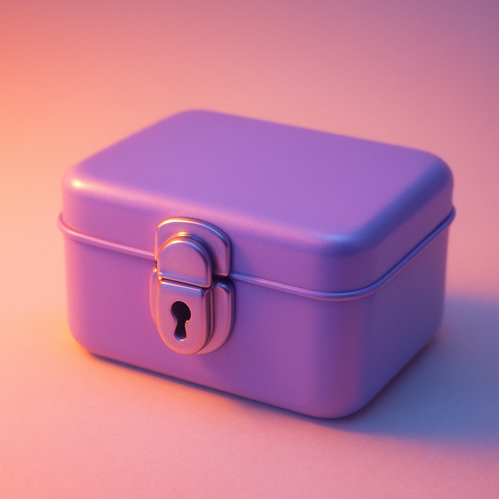 A small lavender metal lockbox with a rounded latch and a soft neon reflection